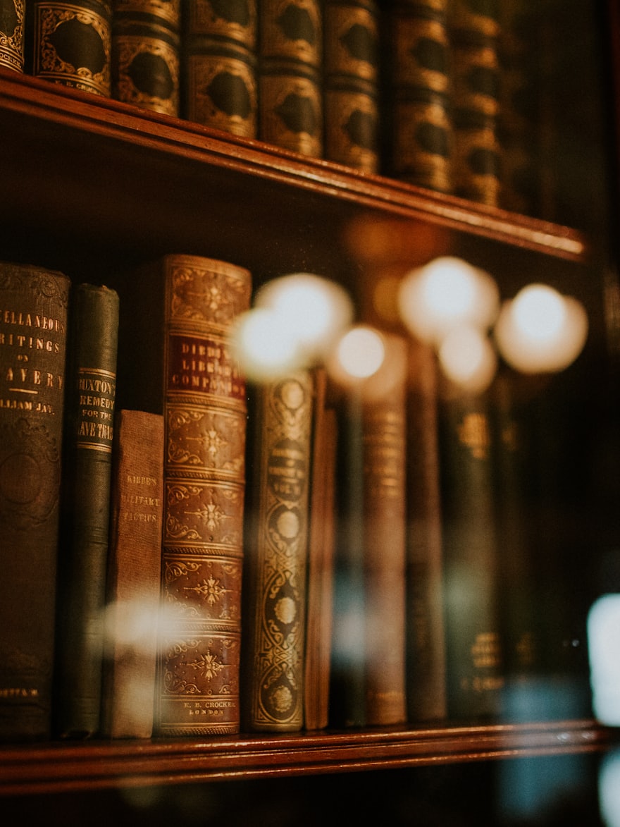 Antique bound law reports lit on a library shelf